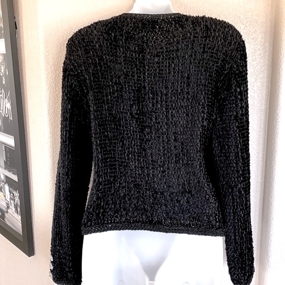 ESTELLE GLACER black artisan chenille cardigan rhinestone embellishments. L - Picture 5 of 17